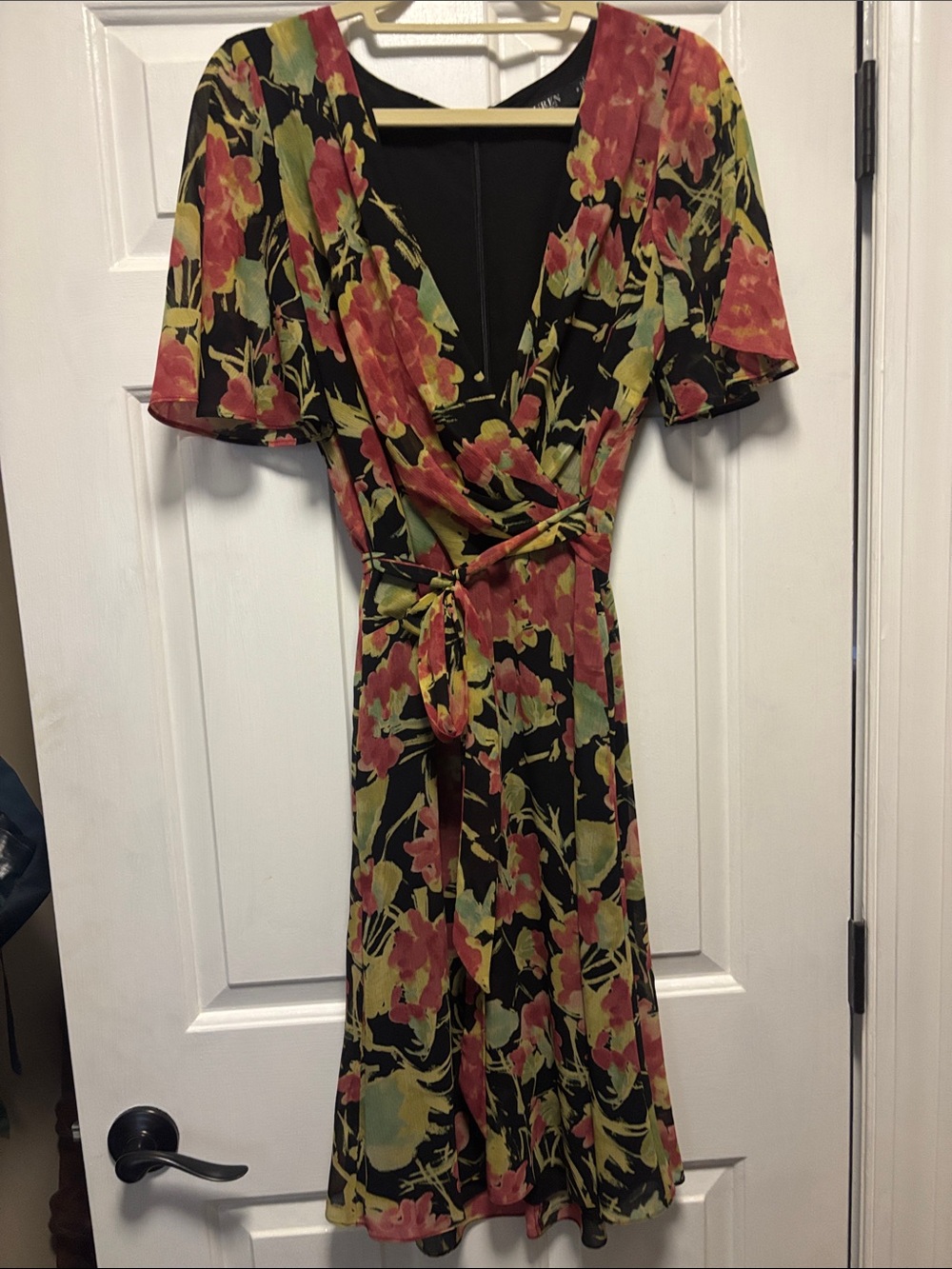 Lauren Ralph Lauren Black Floral Midi Wrap Dress with Red and Green Blooms